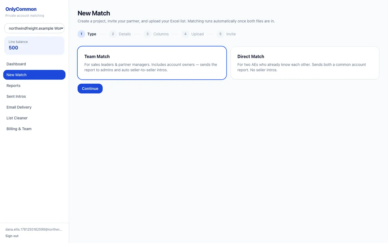 OnlyCommon New Match wizard for choosing a Team Match or Direct Match